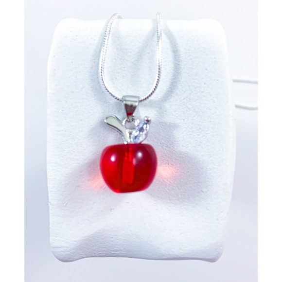 Red Glass Apple Pendant with Rhinestone Leaf - Sterling Silver Plated Chain - Picture 5 of 8
